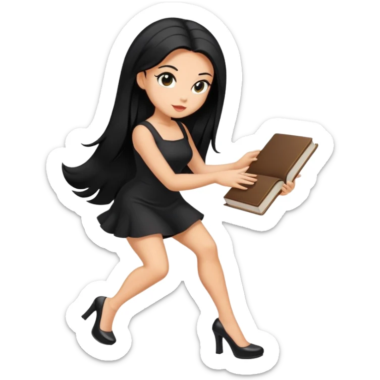 Bimbo in heels, black mini dress, long black hair tanned, hot, bending to pick up book from ground, hot,  only book.  sticker