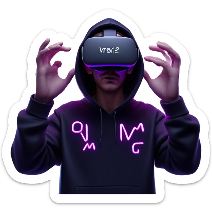 Russian man wearing a black hoodie with "OMG" letters on it and VR headset oculus quest 2 in a cyberpunk VR environment with violet neon lighting. Showing direction with hand sticker
