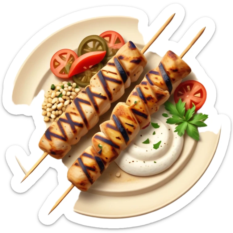 cinematic-realistic-souvlaki-dish-emoji,-showcasing-skewered,-grilled-chicken-with-mediterranean-spices-rendered-with-dynamic-textures-and-warm,-appetizing-lighting on pita bread on a plate sticker