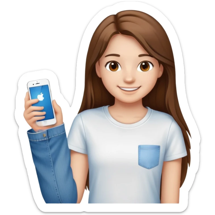 A 15 year old gear smiling with brown eyes, long brown straight hair, wearing a plain white t shirt, and blue jeans sticker