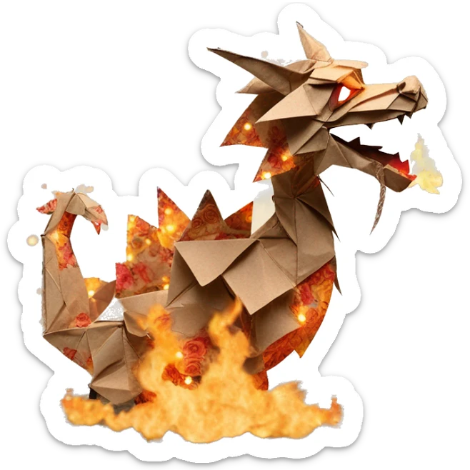 Charred flaming fiery Beige Origami dragon made of newspapers on fire letters on fire burnt paper surrounded by fairy lights swirls covered in dried flowers bokeh floral flowers fire flames sticker