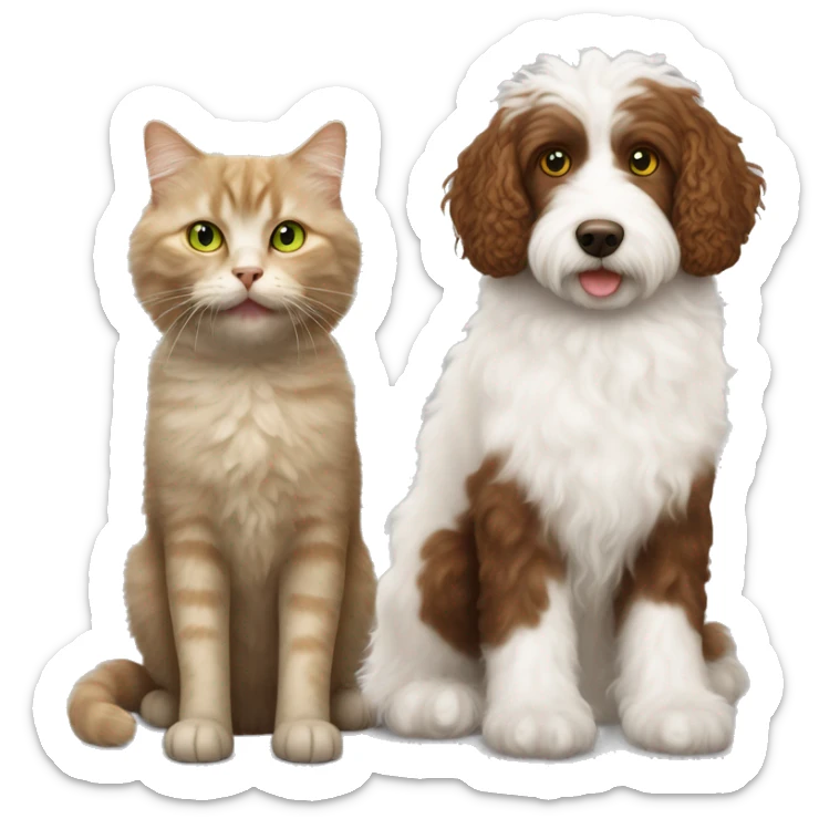 A fluffy cream-and-white cat with yellow-green eyes next to a curly brown Labradoodle sticker