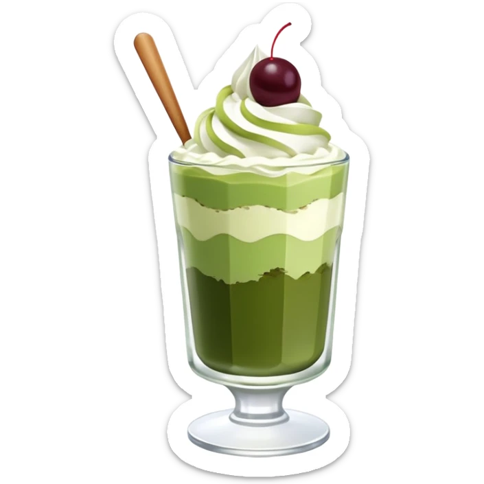 Japanese matcha parfait in a glass, with layers of green tea ice cream, and whipped cream sticker