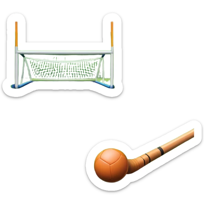 A field hockey stick and ball on a vibrant green grass field, with goalposts and clear field markings in the background. The scene emphasizes the bright, lush grass, highlighting the fast-paced and strategic nature of hockey on a well-maintained pitch. sticker