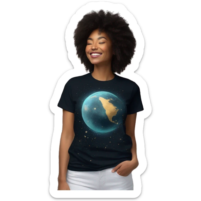 Person wearing T shirt with vintage gilded earth on t shirt with nebulas galaxies and constellations t shirt sticker