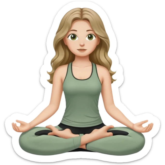 White girl, with long wavy dark blonde hair and hazel eyes, meditating wearing sage green top and black leggings sticker