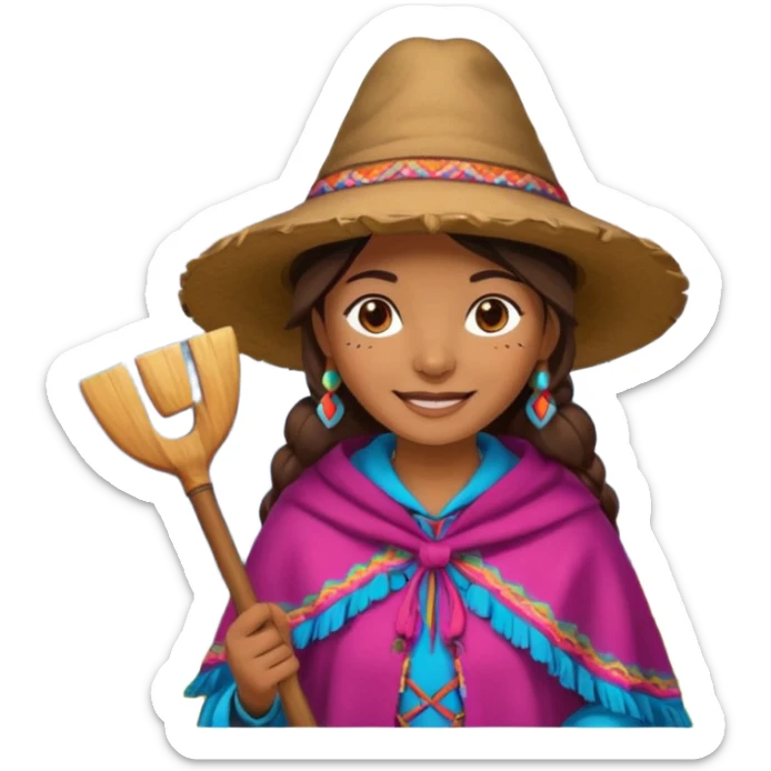 3D emoji style illustration of a Peruvian Andean farmer (woman), wearing traditional chullo hat and poncho, holding a hoe, smiling, mountains in background, bright natural colors, bold outlines, glossy sticker style, transparent background sticker