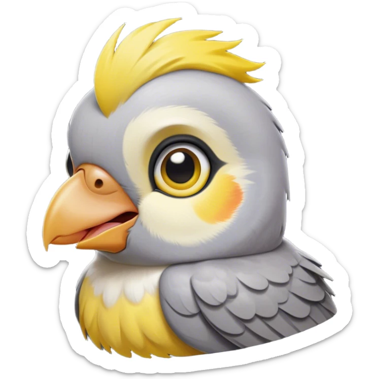 Cinematic Cute Cockatiel Portrait Emoji, Head tilted playfully and inquisitively, featuring a smooth grey fur with bright yellow accents and a perky crest, round, sparkling dark eyes filled with curiosity, Simplified yet irresistibly adorable features, highly detailed, glowing with a warm, friendly glow, high shine, affectionate and lively, stylized with a touch of whimsy, bright and endearing, soft glowing outline, capturing the essence of a mischievous yet loving cockatiel, so playful it feels like it could chirp out of the screen and into your arms! sticker