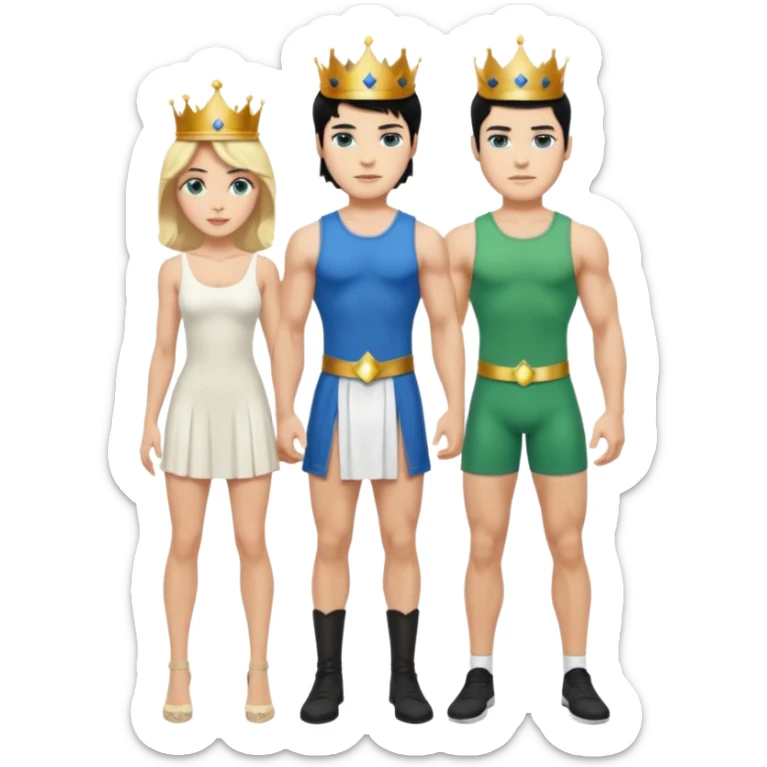 Prince with crown, black hair, body, legst, blue eyes, woman blonde hair, green eyes, sexy white short sleveless dress,  sticker