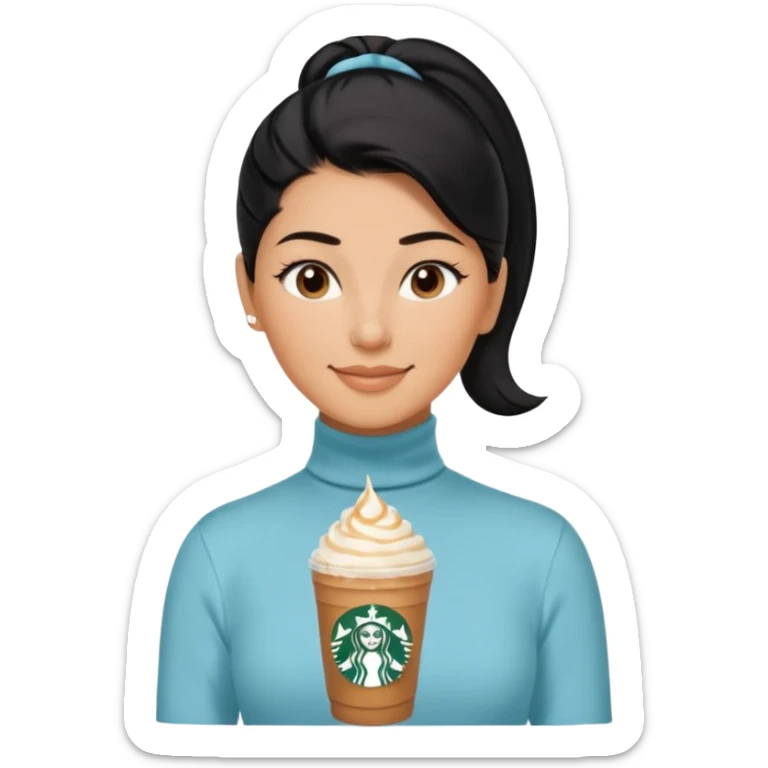  tan skin woman with long face, and very short black hair slicked back ponytail with forehead showing, wearing solid light blue turtleneck shirt, drinking starbucks caramel frappuccino, smiling with middle parted hair sticker