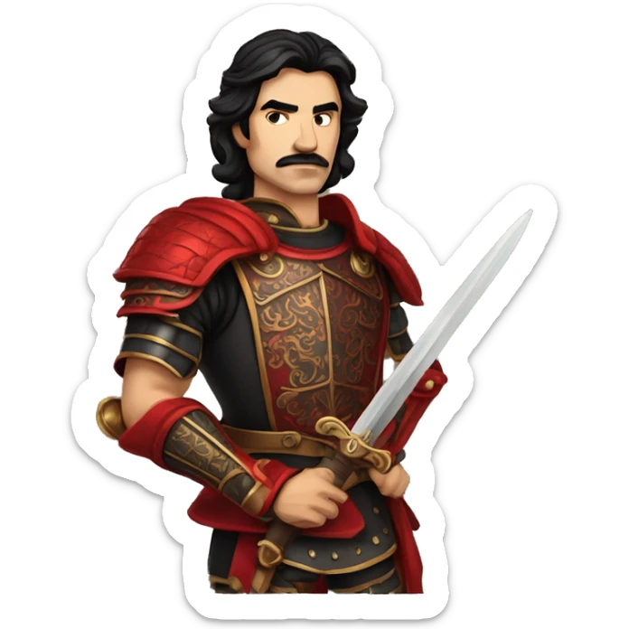 Vintage Tanned man with black hair and stern face wearing red and black armour holding sword vintage intricate patterns sticker