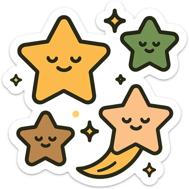 A  collection of cute, glowing stars floating gently in a soft, dreamy sky. The stars vary in size and are designed in a warm and whimsical color palette: golden orange (FA9B41), deep forest green (4A7C5C), muted taupe brown (96775A), and pastel peach (FFCC9A). Each star has a soft, rounded shape with tiny smiles or sparkles on their surfaces, giving them a friendly, magical look. Some are twinkling, while others leave gentle trails of light in peach and gold. The background is softly lit, creating a cozy, enchanted atmosphere like a bedtime story illustration. sticker