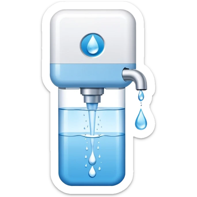 “Flat icon-style emoji of a water purifier with a simple faucet and water droplet, white and blue colors” sticker