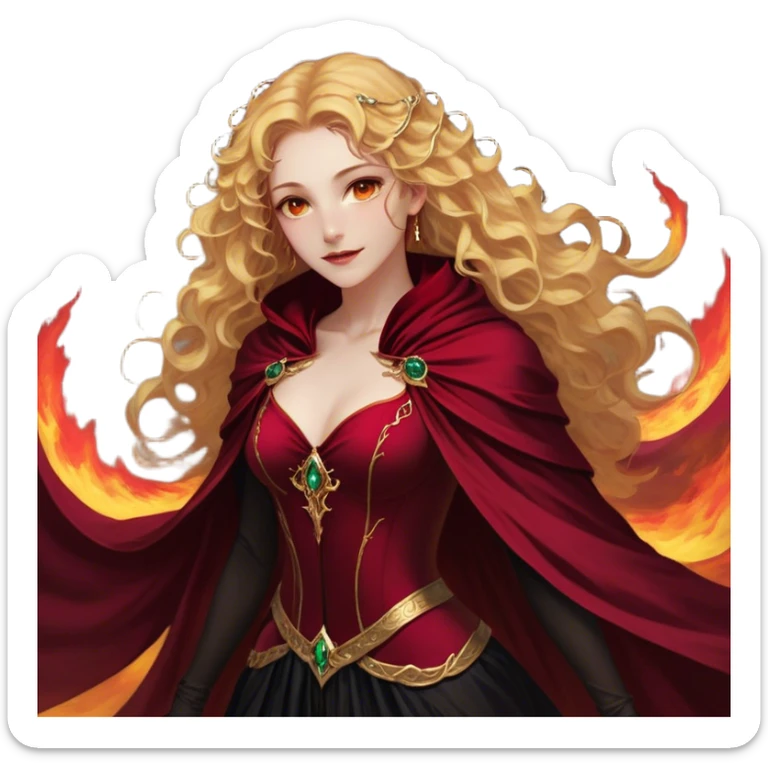A breathtakingly beautiful female Fae with golden, wavy hair cascading down her back, her amber eyes sparkling with both warmth and untamed power. She wears a fitted black bodice paired with an opulent crimson cloak, the fabric swirling around her like liquid fire. Her lips are curved in a knowing smile, her posture both regal and effortlessly confident sticker