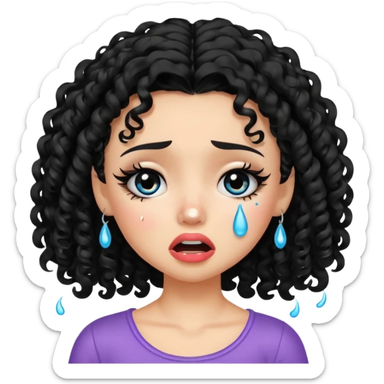 a pretty fair bratz girl with black curly hair, crying sticker