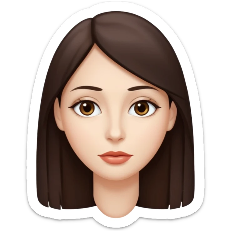 Chica Güera de piel con pelo castaño oscuro liso y largo. Cara delgada, ojos rasgados y marrones oscuros y labios carnosos. Maquillada. Delgada . Top blanco.  sticker