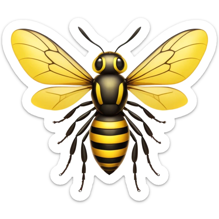 Cinematic Noble Hornet Portrait Emoji, Poised and intimidating, with a sleek, segmented body in bold yellow and black hues, sharp, focused eyes, and delicate, translucent wings, Simplified yet sharp and sophisticated features, highly detailed, glowing with a soft, insectile radiance, high shine, intelligent and formidable, stylized with an air of natural authority, focused and alert, soft glowing outline, capturing the essence of a watchful and confident hornet that appears ready to buzz out of the screen with effortless power! sticker