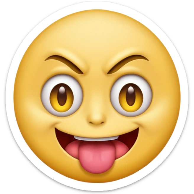 A yellow round face emoji smirking with its tounge out but the eyes are evil and kind of crazy and one eyebrow is raised in a suggestive way sticker