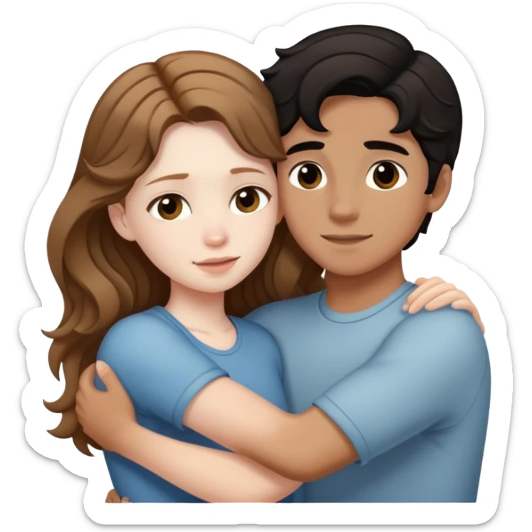 girl with long light brown hair and pale skin hugging a boy with short black wavy hair and tanned skin sticker