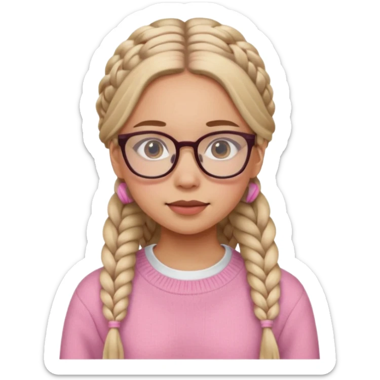 black cute young adult girl with classes and braids that are long , and some blush, in a pink sweater  sticker