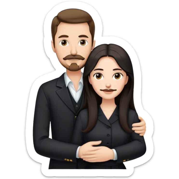 tall white man with brown hair goatee mustache hugging a pale woman with long black hair, wearing elegant clothing sticker