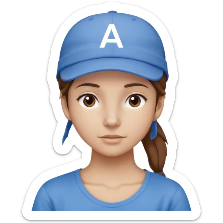fille les cheveux chatain attachés avec une casquette bleu et un "AE" blanc dessus, elle porte un t-shirt de couleur gris  sticker