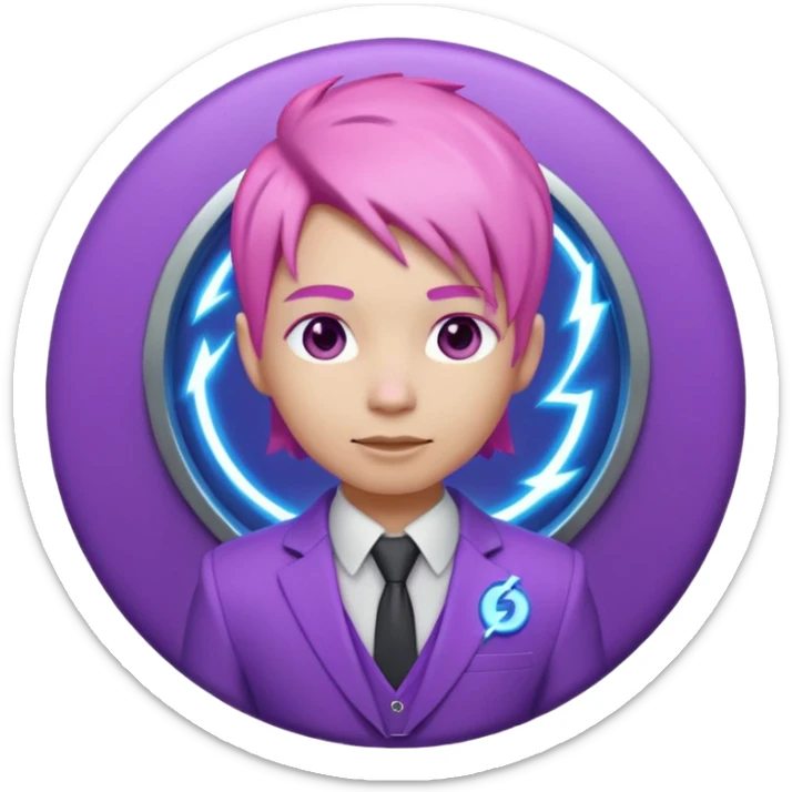 Cute 3D emoji-style character with pink hair and purple eyes, inside a circular badge. No hands, no pose. Clean purple suit with a glowing neon-blue ‘C’ logo on the chest, small lightning accent. Smooth Apple-style lighting, friendly expression sticker