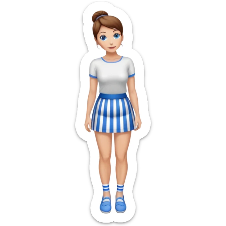 Pretty 50-year-old woman with 1 miniskirt that is blue and white striped brown hair in bun blue eyes and pretty legs sticker