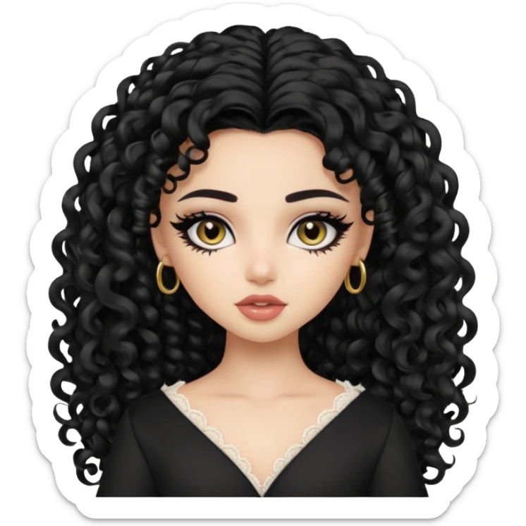 Pale Saudi beauty, pretty bratz baddie, black eyeliner, curly long hair sticker