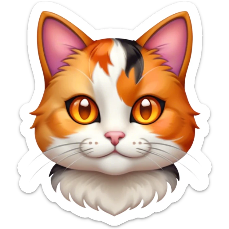 Cinematic Cute Calico Cat Portrait Emoji, Head tilted playfully with sparkling, inquisitive eyes and a charming patchwork fur of orange, black, and white, simplified yet irresistibly adorable, highly detailed, glowing with a warm, inviting glow, high shine, bubbly and affectionate, styled with a touch of whimsical feline charm, soft glowing outline, capturing the essence of a delightfully cute calico cat that looks as if it could prance off the screen into your heart! sticker