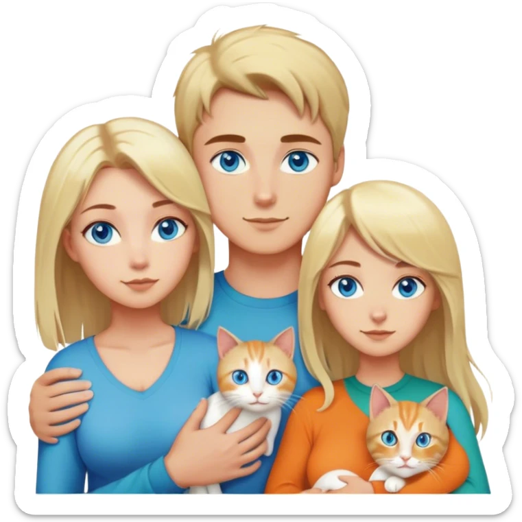 A family with a younger man with blue eyes and short brown hair, a younger woman with blue eyes, mid length blonde hair, and big breasts. And a cat with long hair that is a mix between orange and cream and green eyes sticker