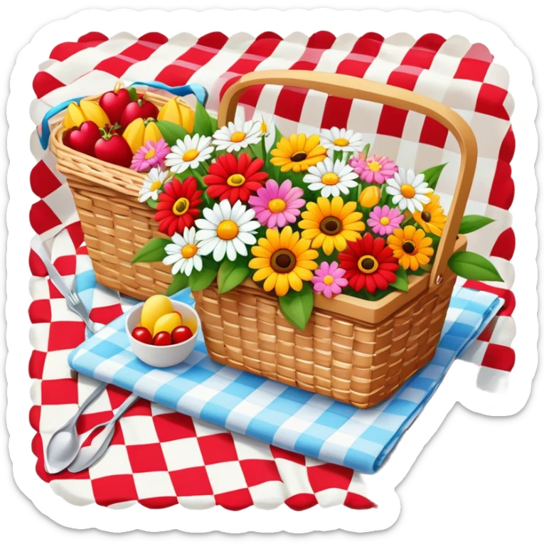 colorful bouquet of flowers on a red and white checkered picnic blanket with small picnic basket nearby sticker