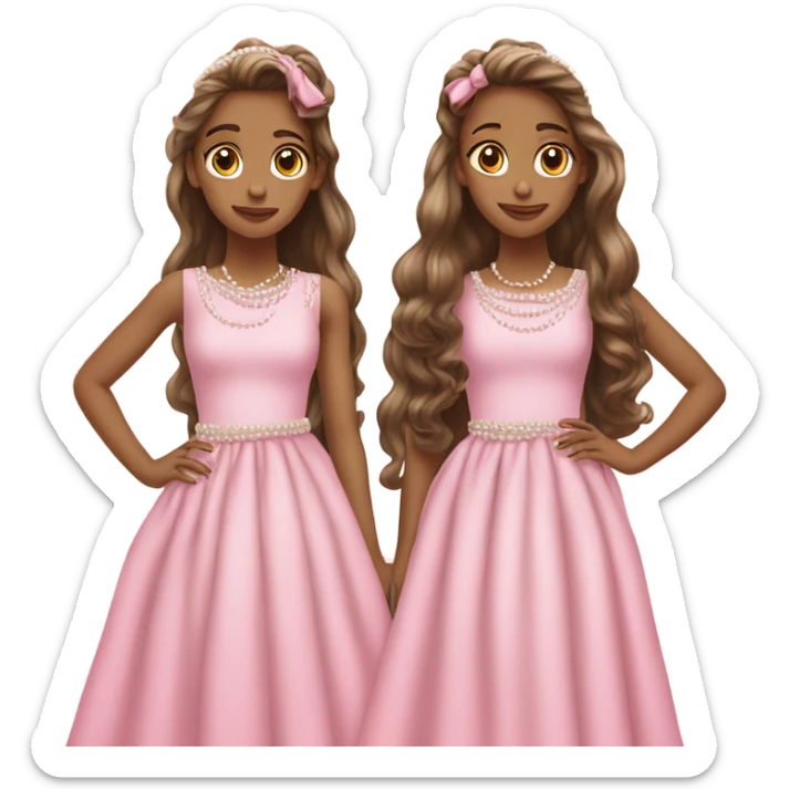 two teenage Latina twins. pink. Long hair. Pink bows. Pearls. Light pink. Diamonds dress. sticker