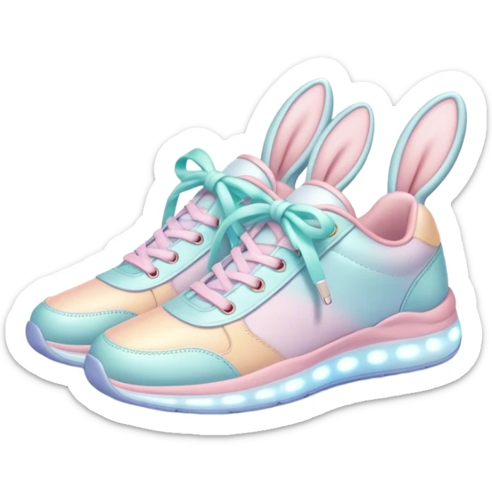 Cute Kawaii Shoe, small and bouncy, soft pastel sneakers with glowing highlights, cute sparkling eyes, a happy cheerful expression, laces tied like bunny ears! sticker
