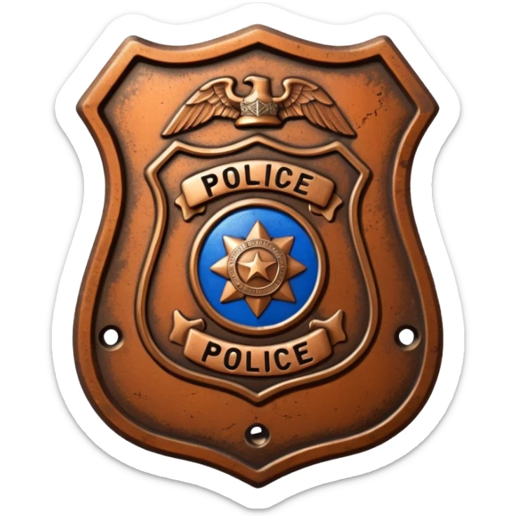 cinematic - aesthetic brilliant divine lighting, oil paint - vintage police badge rusty and perforated sticker