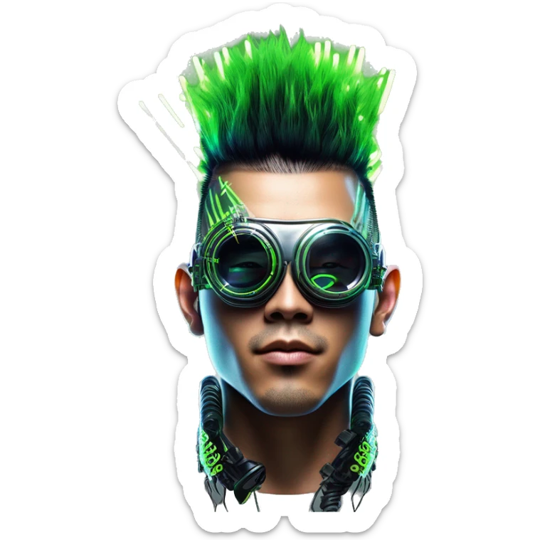 Mohawk hair with neon green highlights Asian male cyborg head with neon silver steampunk goggles and circuits sticker
