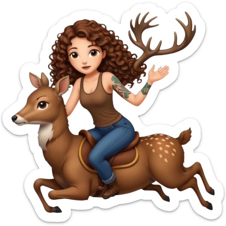 cute woman long curly brown hair tattoos riding calm deer sticker