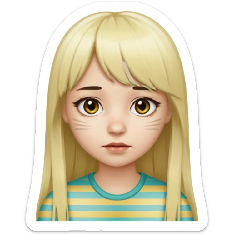 Girl with long straight dark brown hair and blonde striped streaks, with bangs. Light skin and dark eyes. Turn her into a cute zombie version — pale greenish skin, dark eyes, small wounds under eyes, keep her hair and mechas the same, emoji-style. sticker