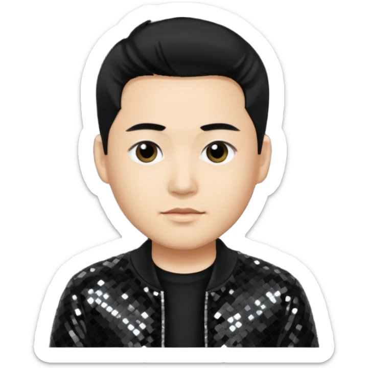 Joe Hahn from Linkin Park with black hair, light skin, black sequin outfit sticker