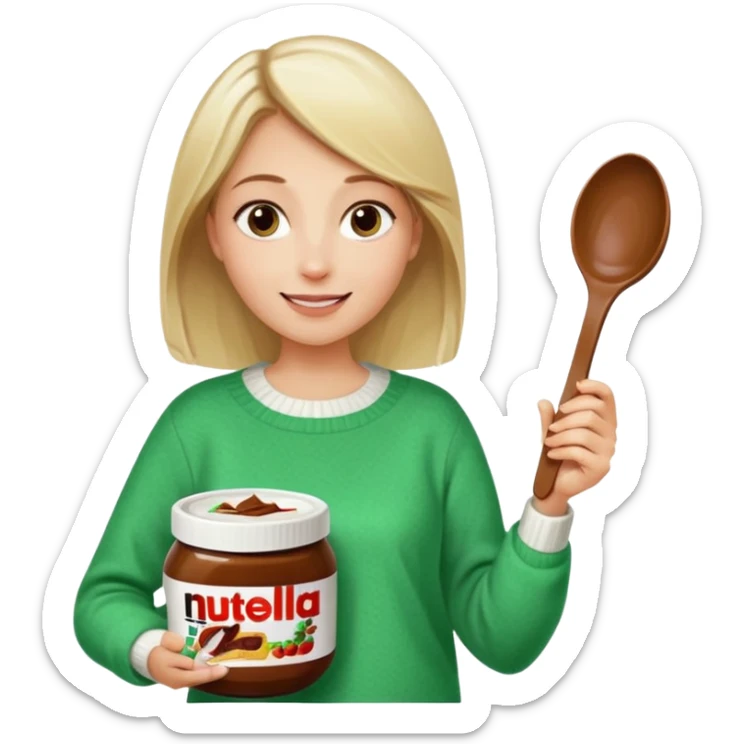 Blond woman with white and green pullover holds in one hand a big carriage of Nutella and in the other hand a oversized spoon which is in the carriage of Nutella sticker