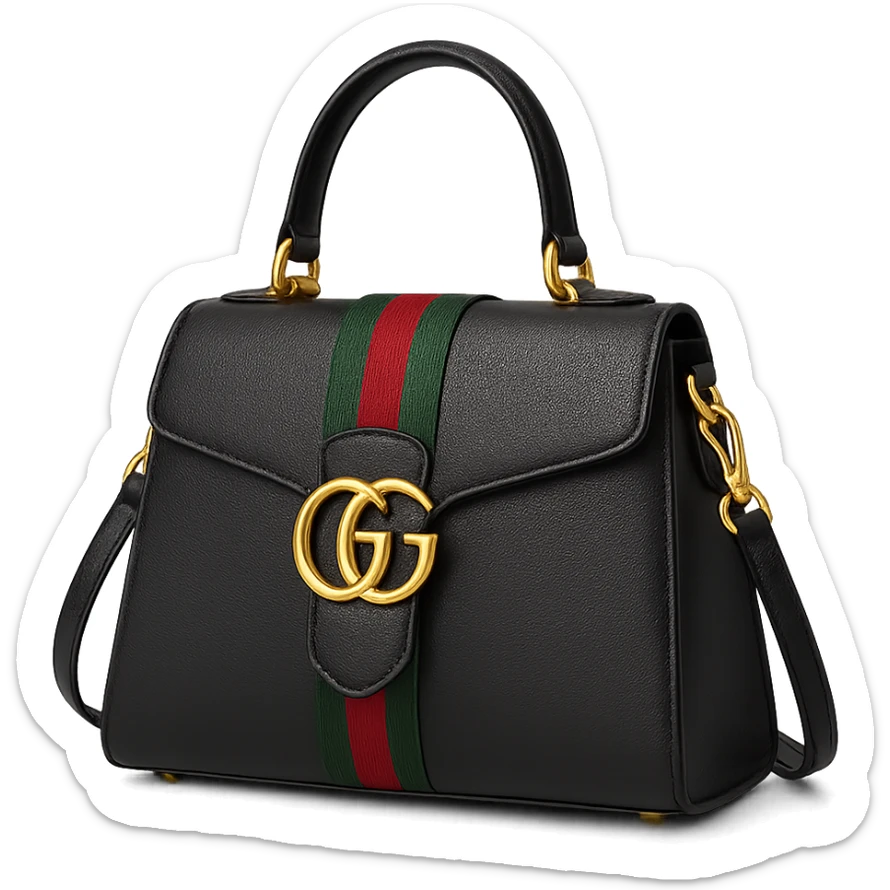 gucci bag, luxury designer handbag, gold accents, green and red stripe, elegant, high fashion, isolated, no background sticker