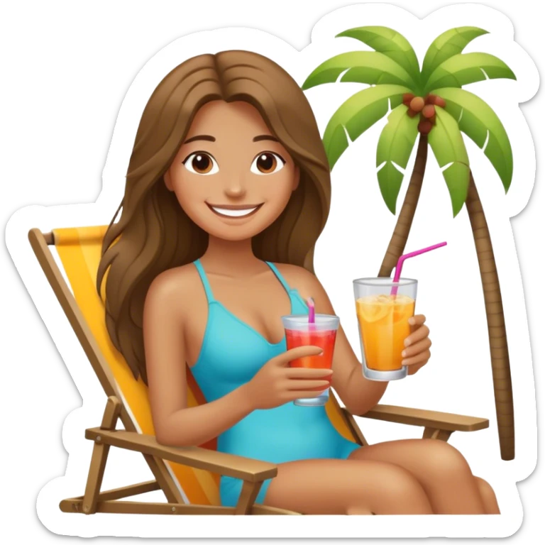 Female smiling with long hair in beach chair with drink  sticker