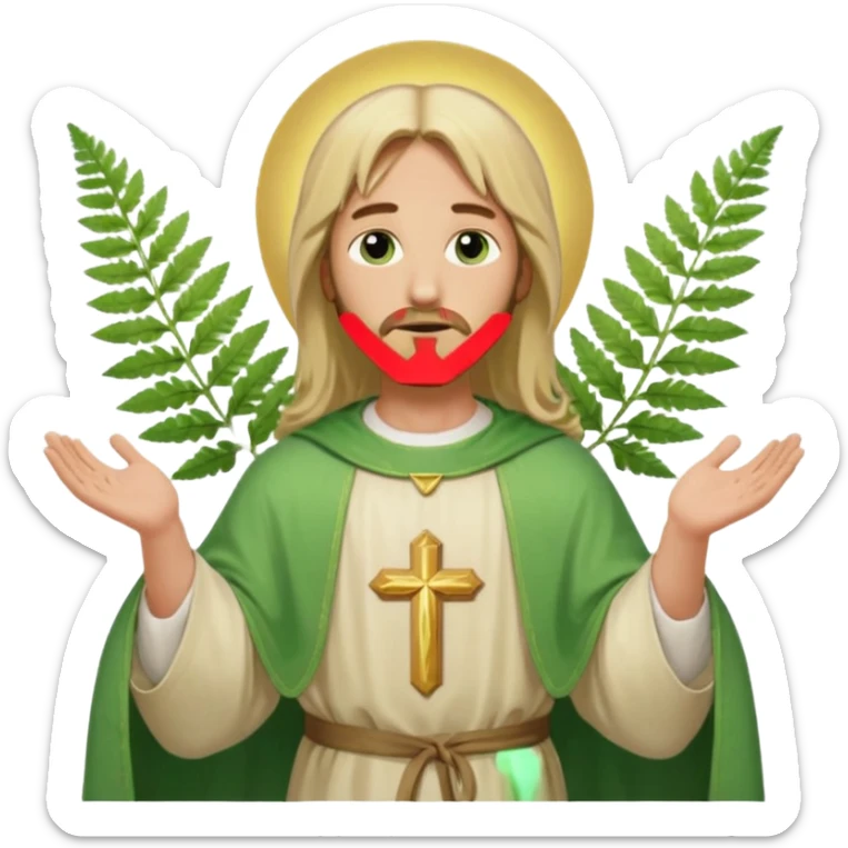 Jesus, green eyes, blonde hair, light green chasuble. opening arms, gazing thoughtfully. Soft light, subtle fern. Waist-up, profile. sticker