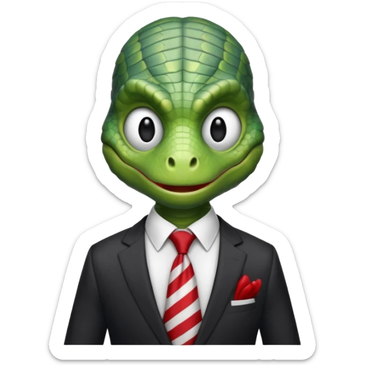 A reptilian humanoid dressing a suit, striped red and white tie, human emoji style, his face is seriously and sarcastic sticker