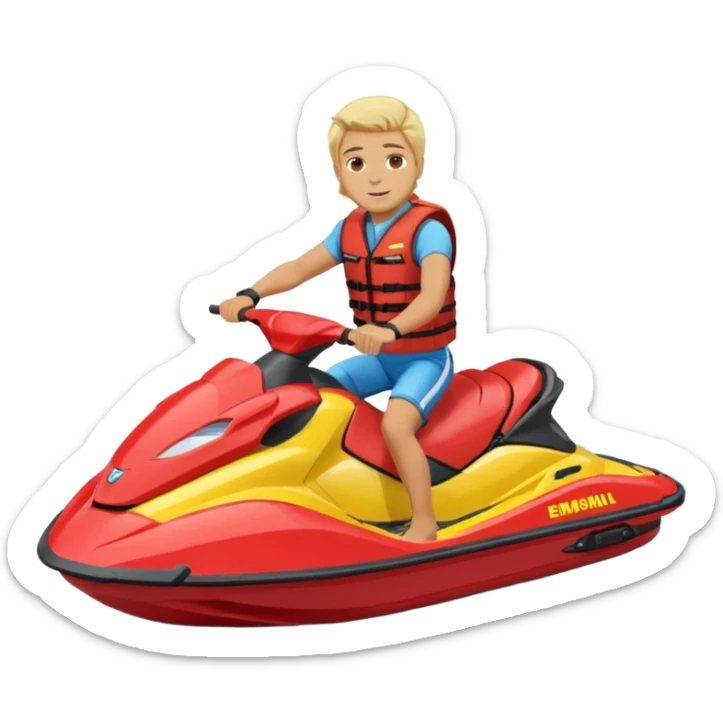Jek Ski emoji youcan see the jetski with the Man on the Jek Ski blone hair Red lifevest, JekSki is BXW720 light blue yellow, bad ass sticker