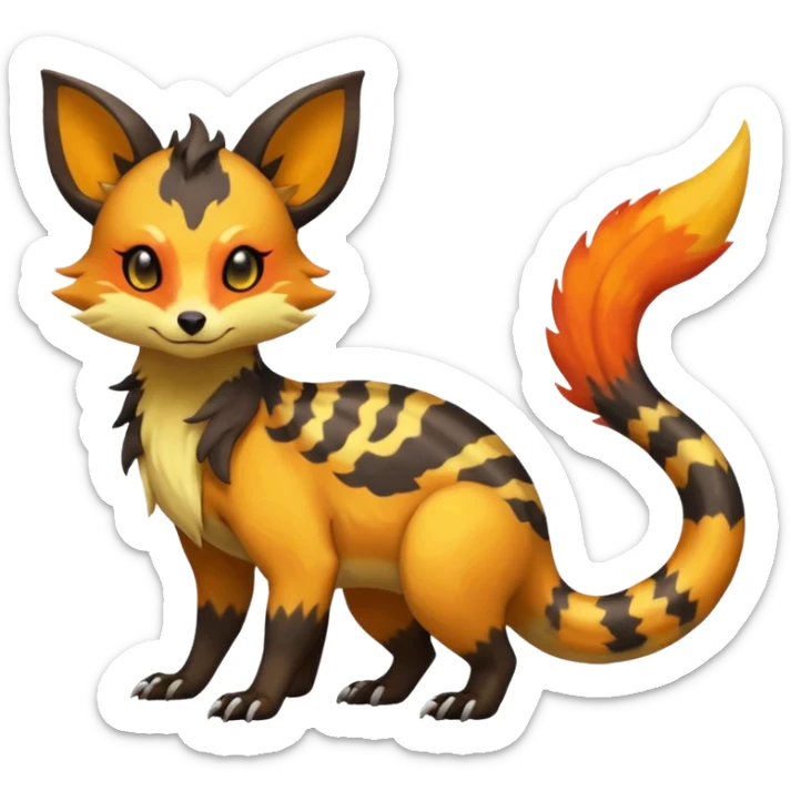 Rare tropical warm-colored exotic cute epic aesthetic colorful Salandit-Eevee-Civet-species-Fakemon-hybrid-creature, with wild fiery markings, full body sticker