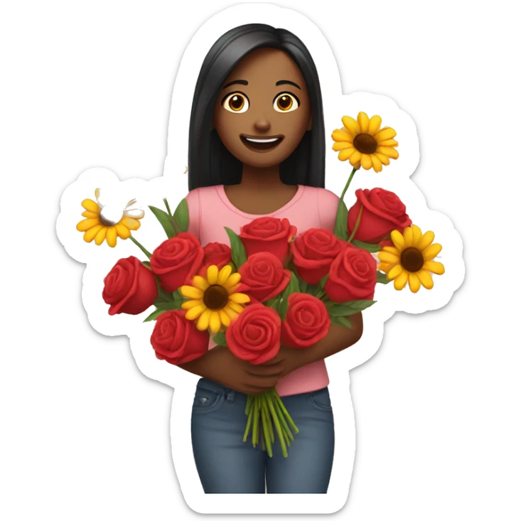 An emoji in love holding a bouquet of flowers sticker