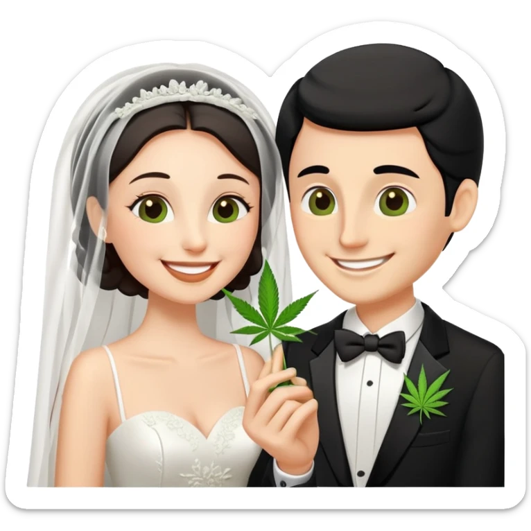 Bride in white dress and groom in tuxedo sharing a cannabis joint, cheerful cartoon wedding couple sticker