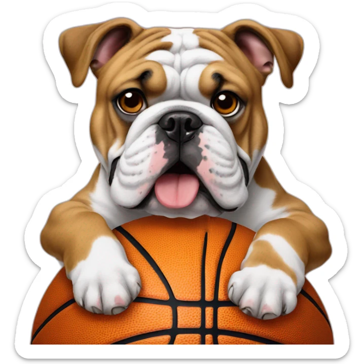 English bulldog on a basketball ball with one visible teeths sticker