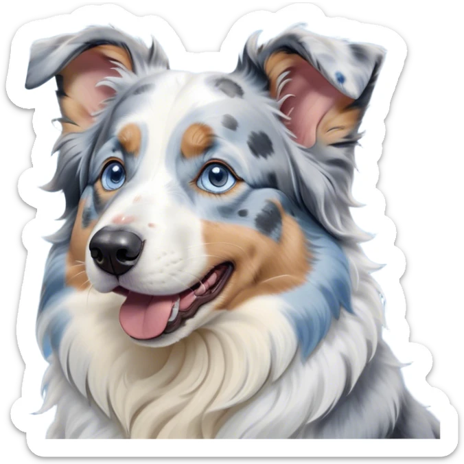 Cinematic Cute Yawning Blue Merle and White Australian Shepherd Portrait Emoji, Head tilted slightly with a dramatic, wide-open yawn, soft blue merle fur with crisp white accents, floppy ears slightly drooping, round blue eyes barely open in drowsy contentment, Simplified yet irresistibly adorable features, highly detailed, glowing with a soft, cozy glow, high shine, relaxed yet expressive, stylized with a touch of whimsy, bright and endearing, soft glowing outline, capturing the essence of a sleepy yet affectionate pup, so drowsy it feels like it could stretch right out of the screen and curl up for a nap! sticker